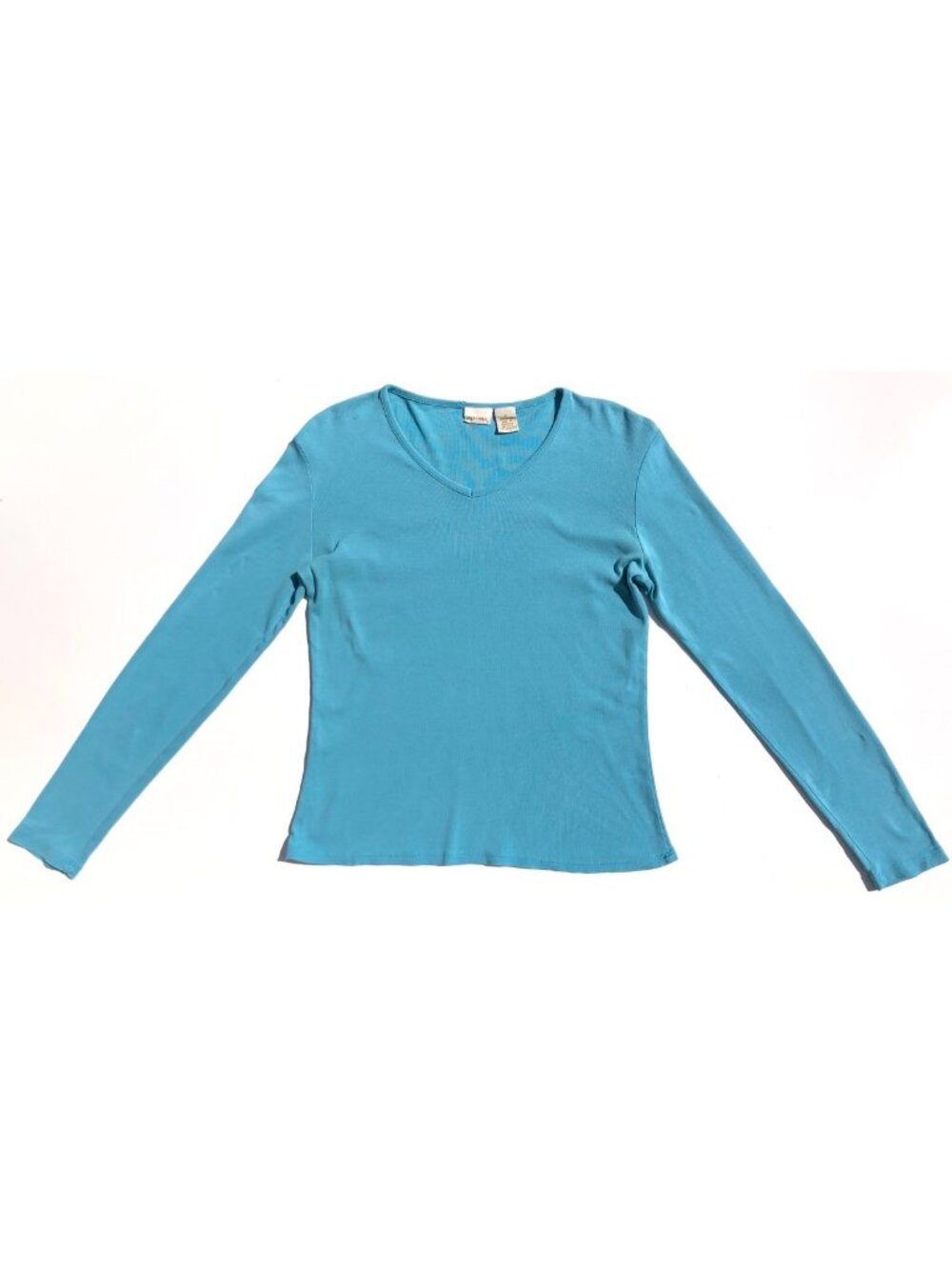Vintage Turquoise Blue Women Small V Neck Long Sleeve T Shirt 100% Cotton Merona